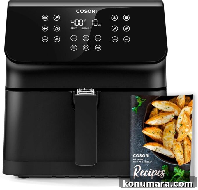 30-Minute Air Fryer Meatloaf Recipe with Crispy Edges 10 cosori air fryer with recipe book in front of the air fryer