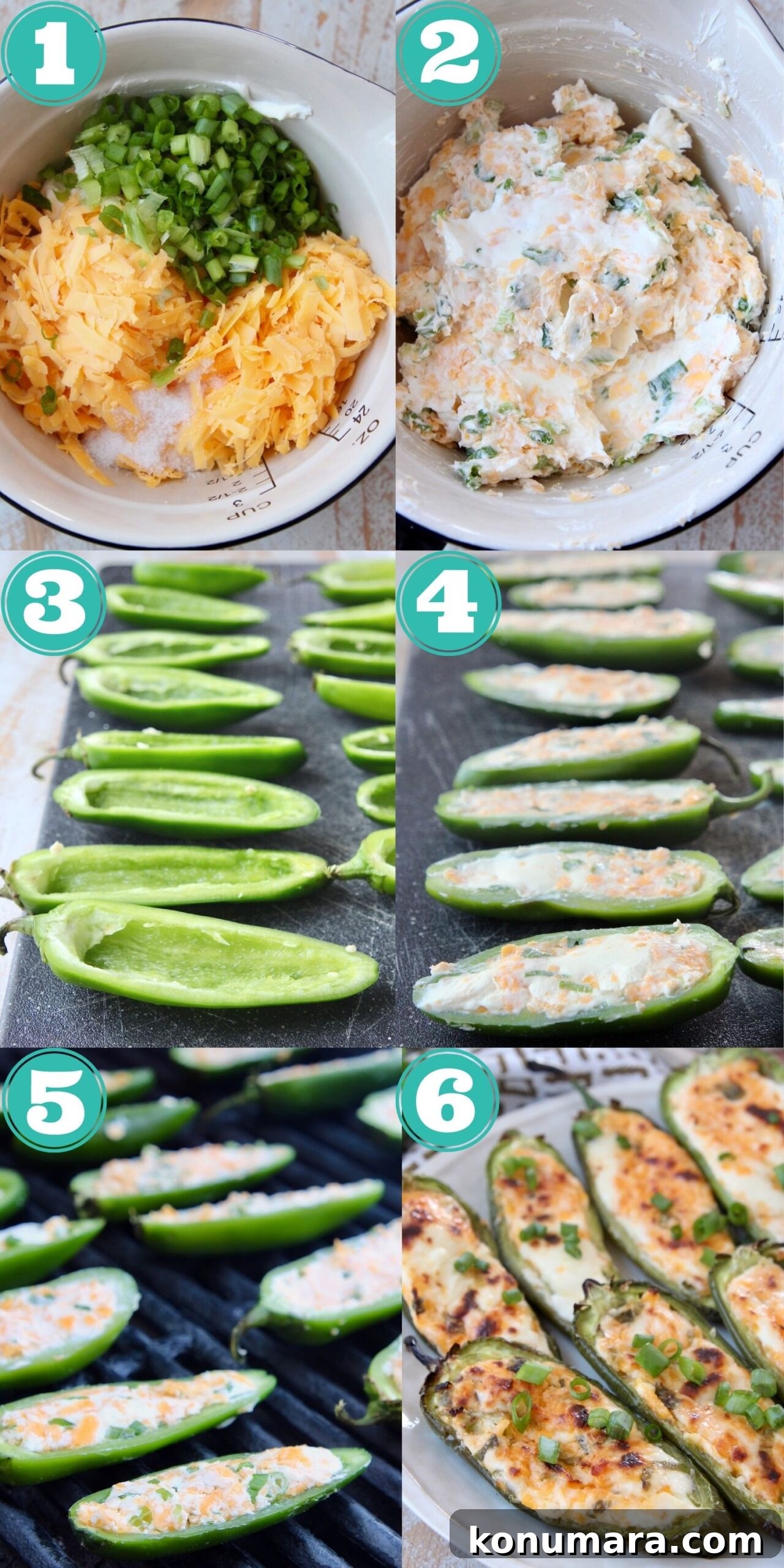 Smoky Grilled Jalapeno Poppers Recipe with Cream Cheese 6 collage of images showing how to make grilled jalapeno poppers
