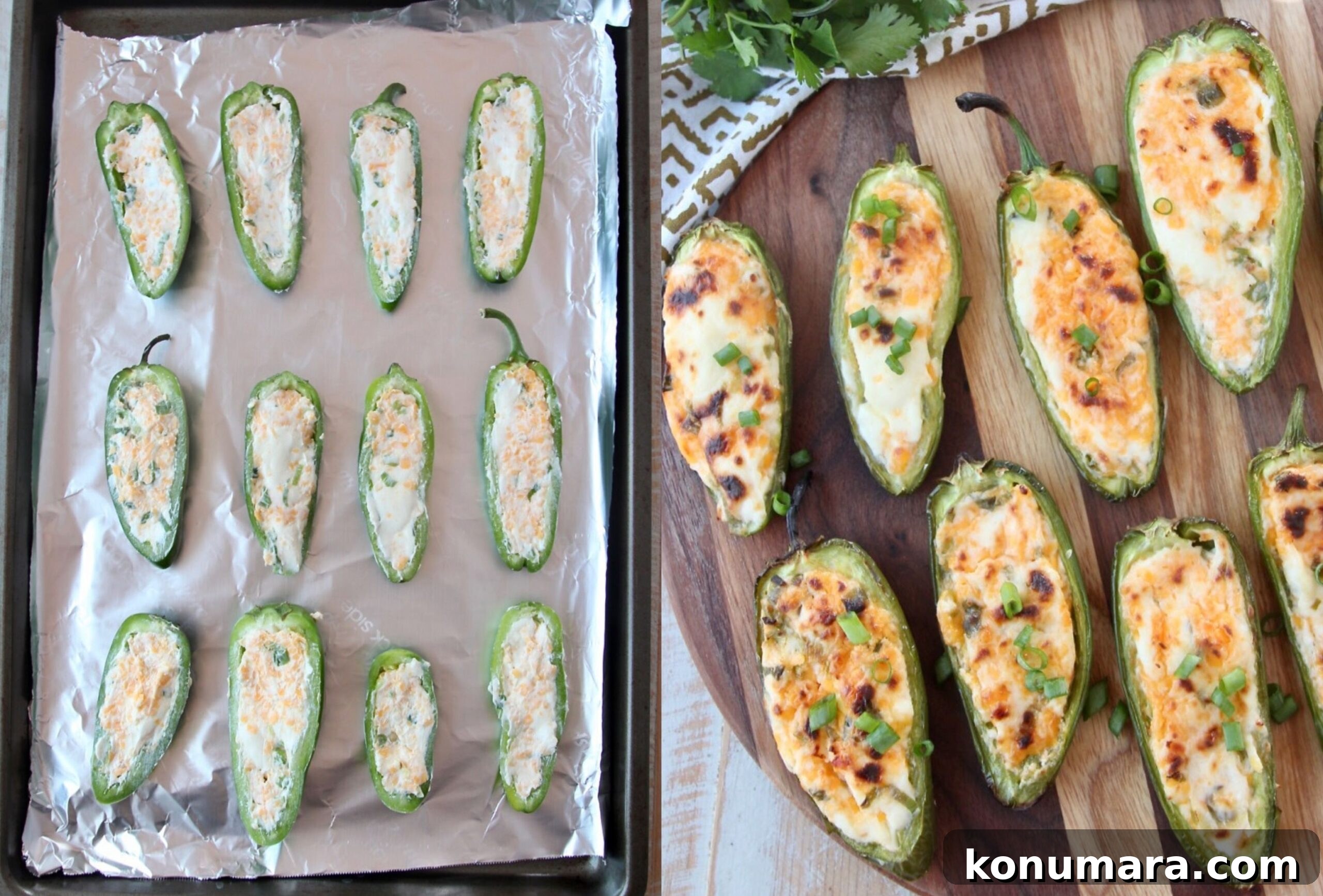 Smoky Grilled Jalapeno Poppers Recipe with Cream Cheese 7 jalapeno poppers on foil lined baking sheet and cooked on wood cutting board