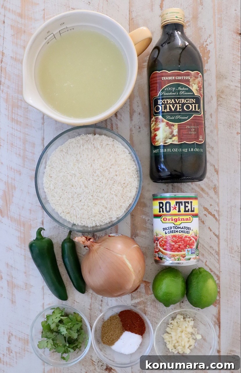 ingredients for Mexican rice on a white wood board