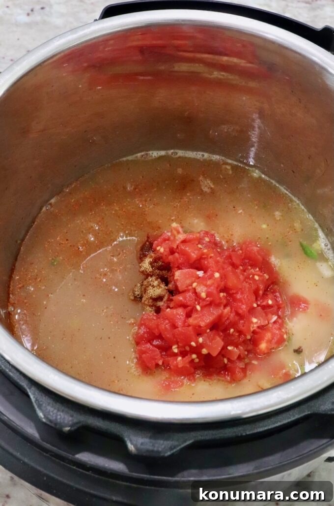 diced tomatoes in an Instant Pot with seasoned broth, rice and vegetables
