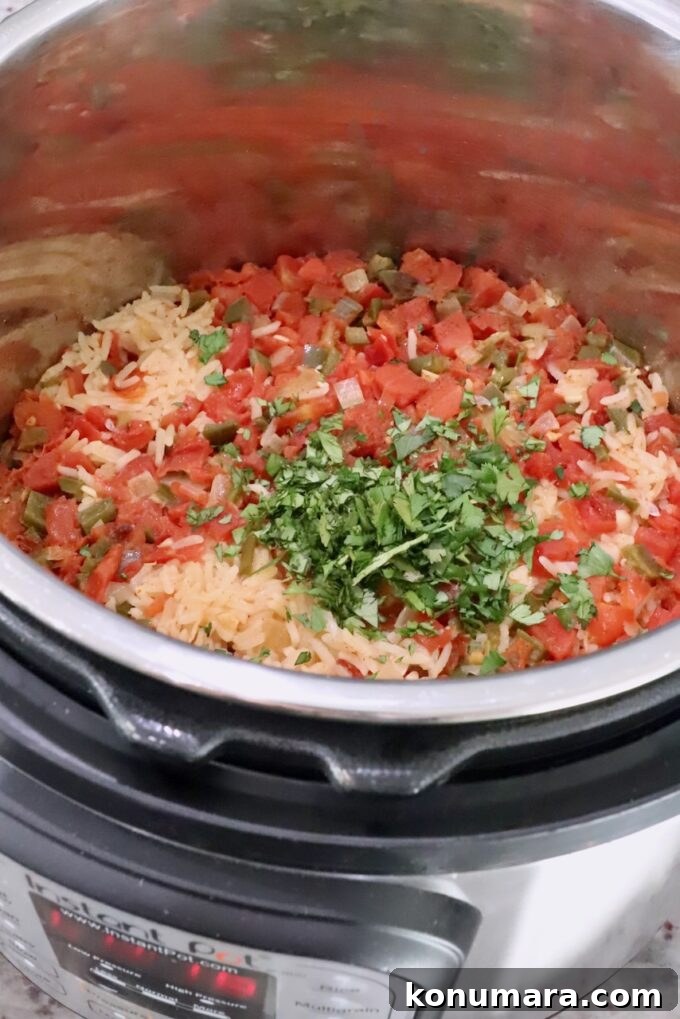 cooked Mexican rice in an Instant Pot topped with chopped fresh cilantro
