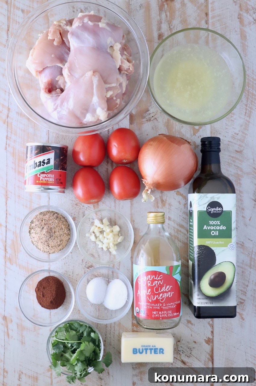 Classic Mexican Chicken Adobo Recipe 3 ingredients for Mexican chicken adobo on a white wood board