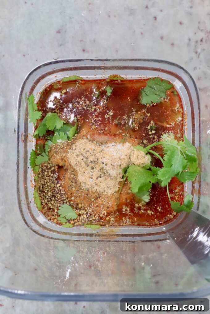 Classic Mexican Chicken Adobo Recipe 5 ingredients for adobo sauce in a blender topped with spices and fresh cilantro