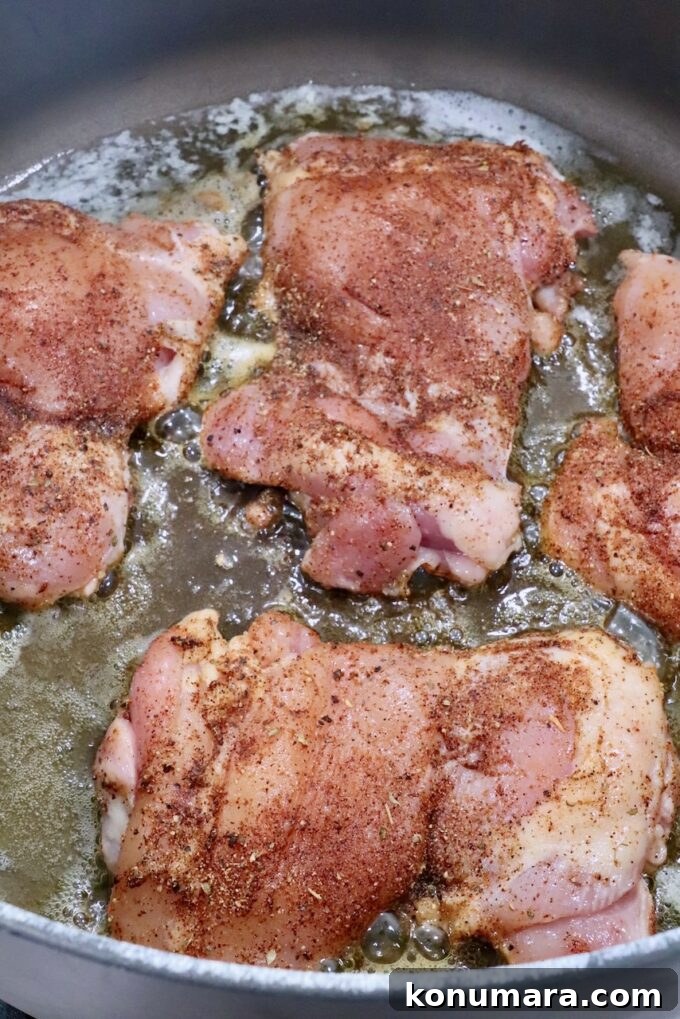 Classic Mexican Chicken Adobo Recipe 6 raw, seasoned chicken thighs in a large dutch oven on the stove
