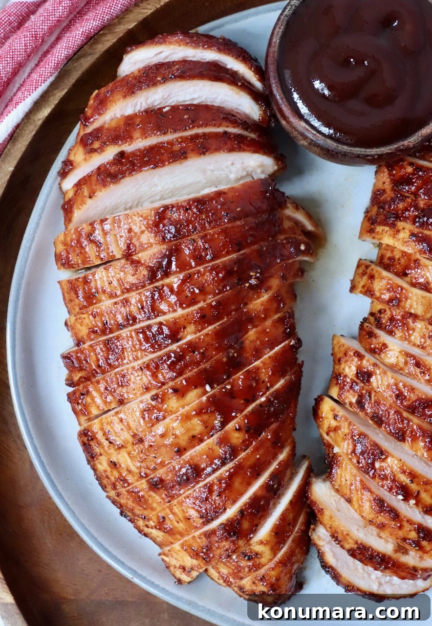 sliced smoked chicken breasts on a plate with a small bowl of bbq sauce on the side