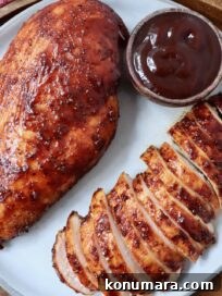 whole smoked chicken breast on a plate next to a sliced smoked chicken breast and a small bowl of bbq sauce