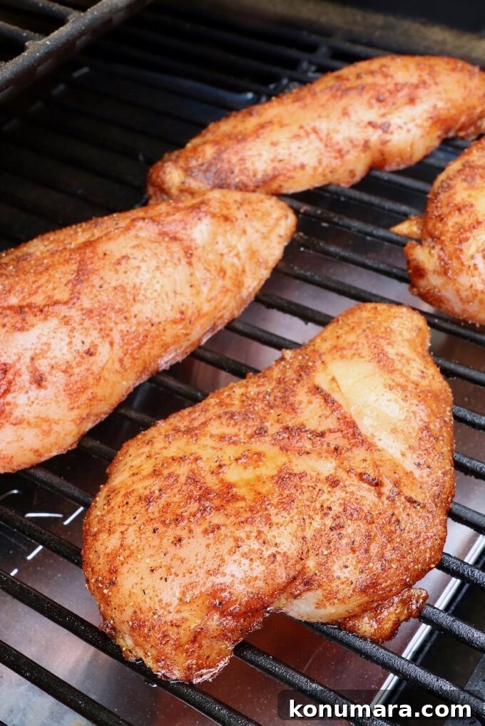 seasoned chicken breasts on a smoker