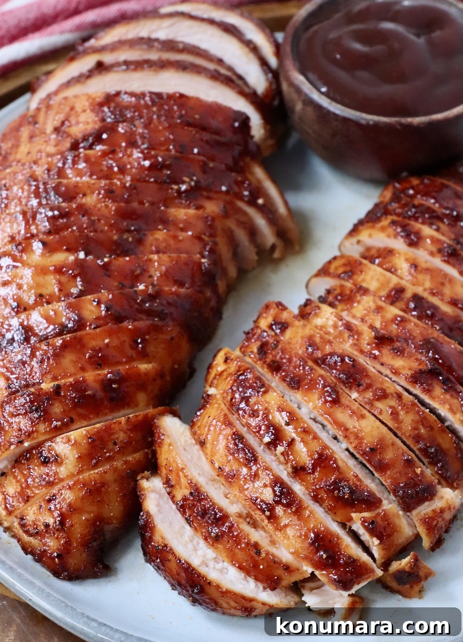 sliced smoked chicken breasts on a plate with a small bowl of bbq sauce