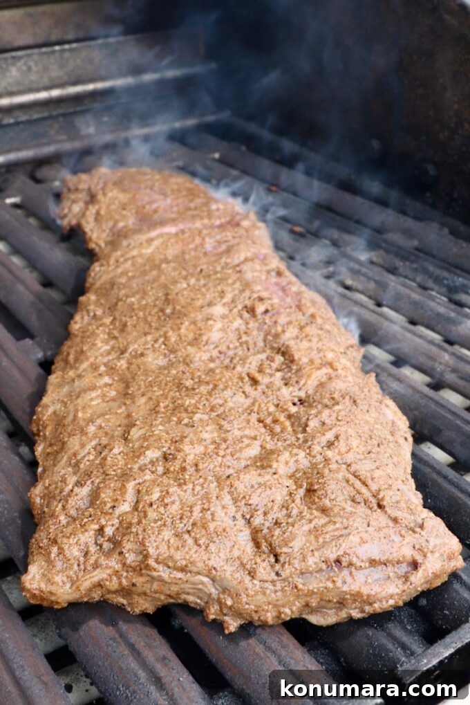 marinated skirt steak on a grill