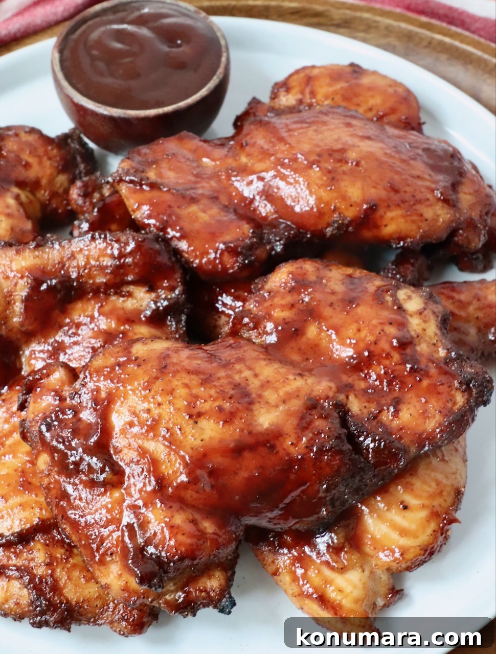 smoked chicken thighs stacked up on a plate with a small bowl of bbq sauce on the side