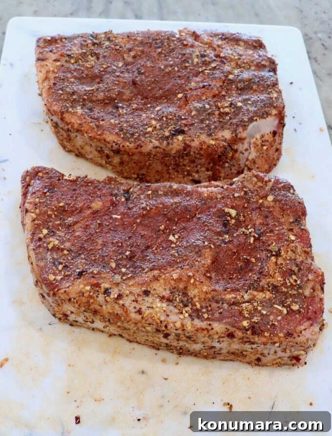 seasoned ribeye steaks on a cutting board