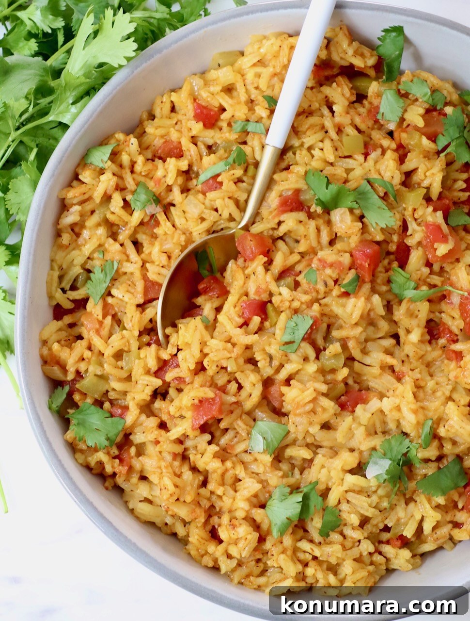 Yellow rice in a bowl with a spoon topped with fresh cilantro leaves