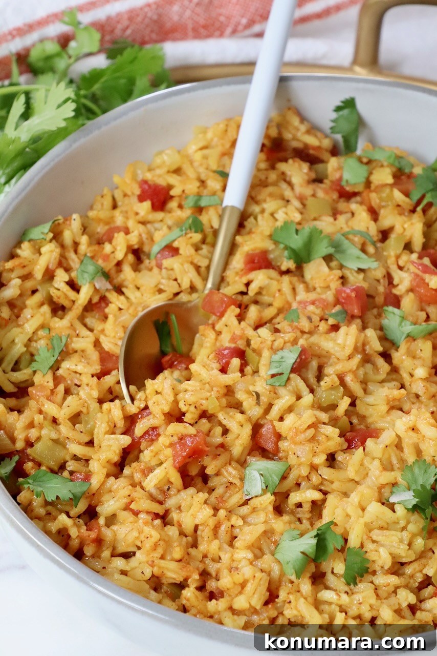 Yellow rice in a bowl with a spoon