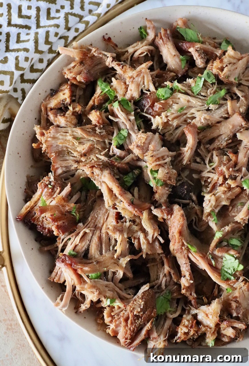 shredded pork carnitas in a bowl with fresh cilantro sprinkled on top