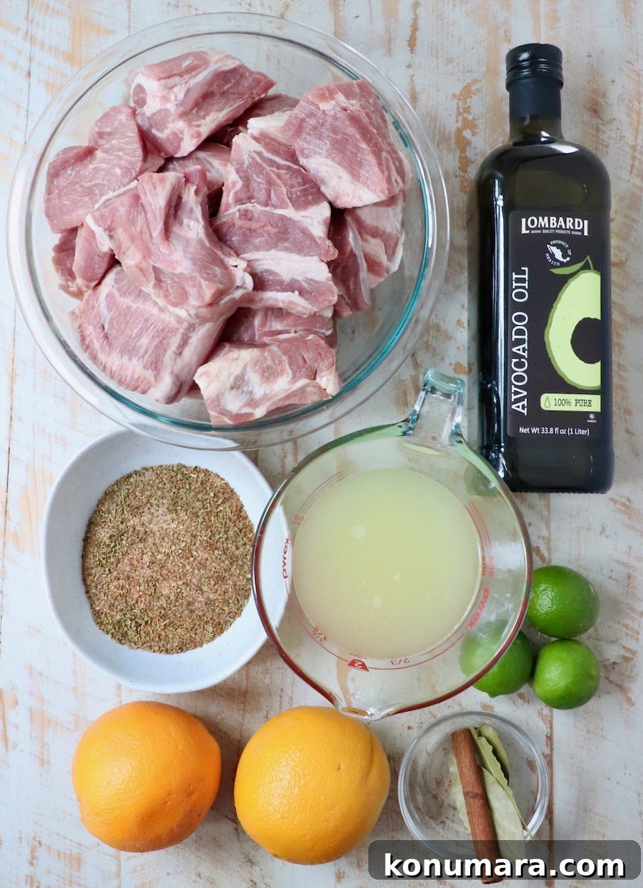 ingredients for carnitas on a white wood board