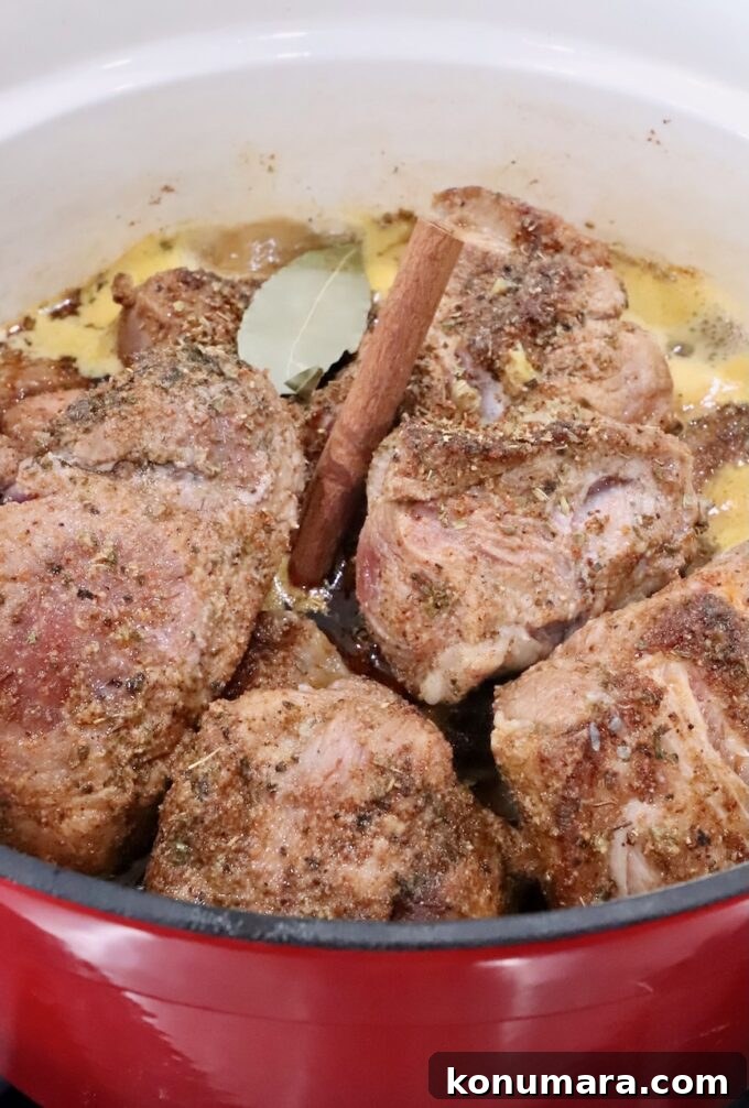 seasoned pieces of pork in a large cast iron dutch oven with liquid, cinnamon sticks and bay leaves