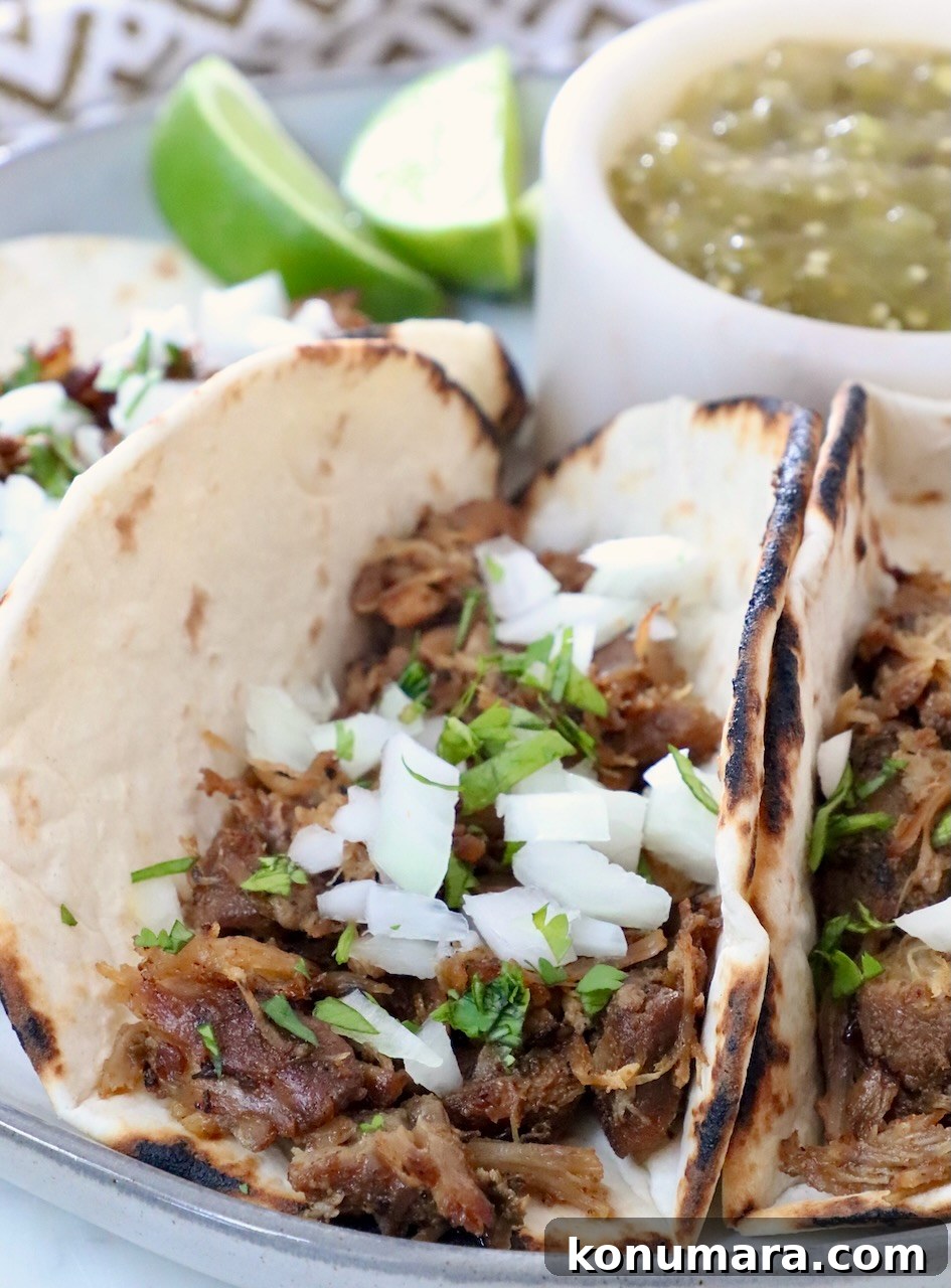 shredded pork in tortillas on plate, topped with diced onions and fresh chopped cilantro