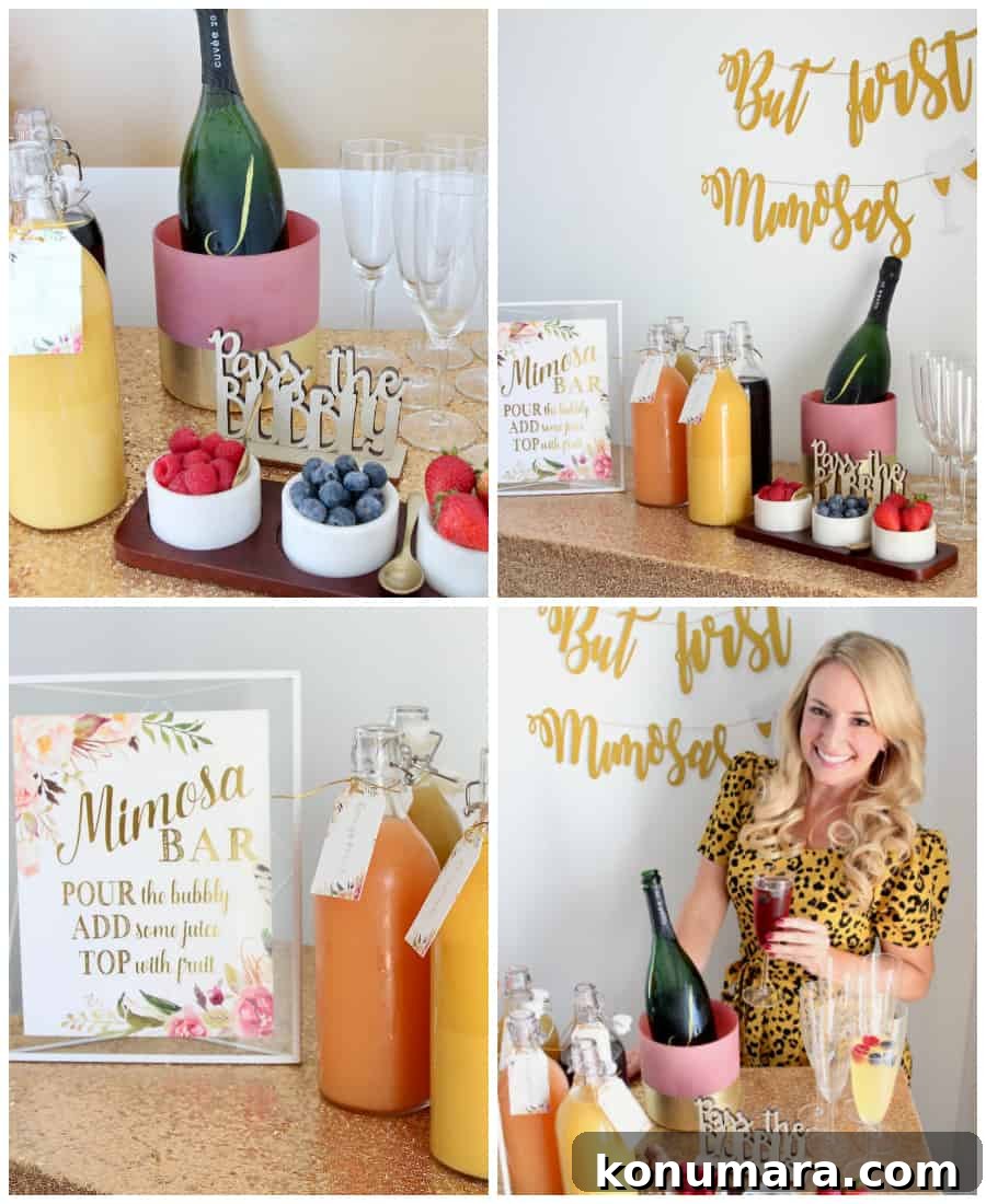 Collage of images showing how to make your own mimosa bar