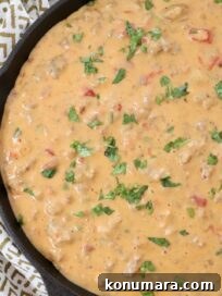 Smoked queso dip in a skillet topped with fresh cilantro