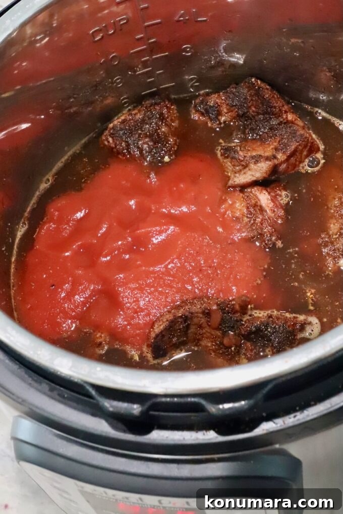 Instant Pot Beef Birria Tacos Recipe with Dipping Broth 6 seasoned, seared beef in an Instant Pot with tomato sauce and beef broth