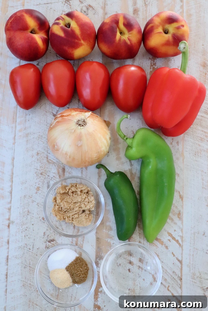 Fresh Peach Salsa with Jalapeño and Cilantro 3 ingredients for peach salsa on a white wood board