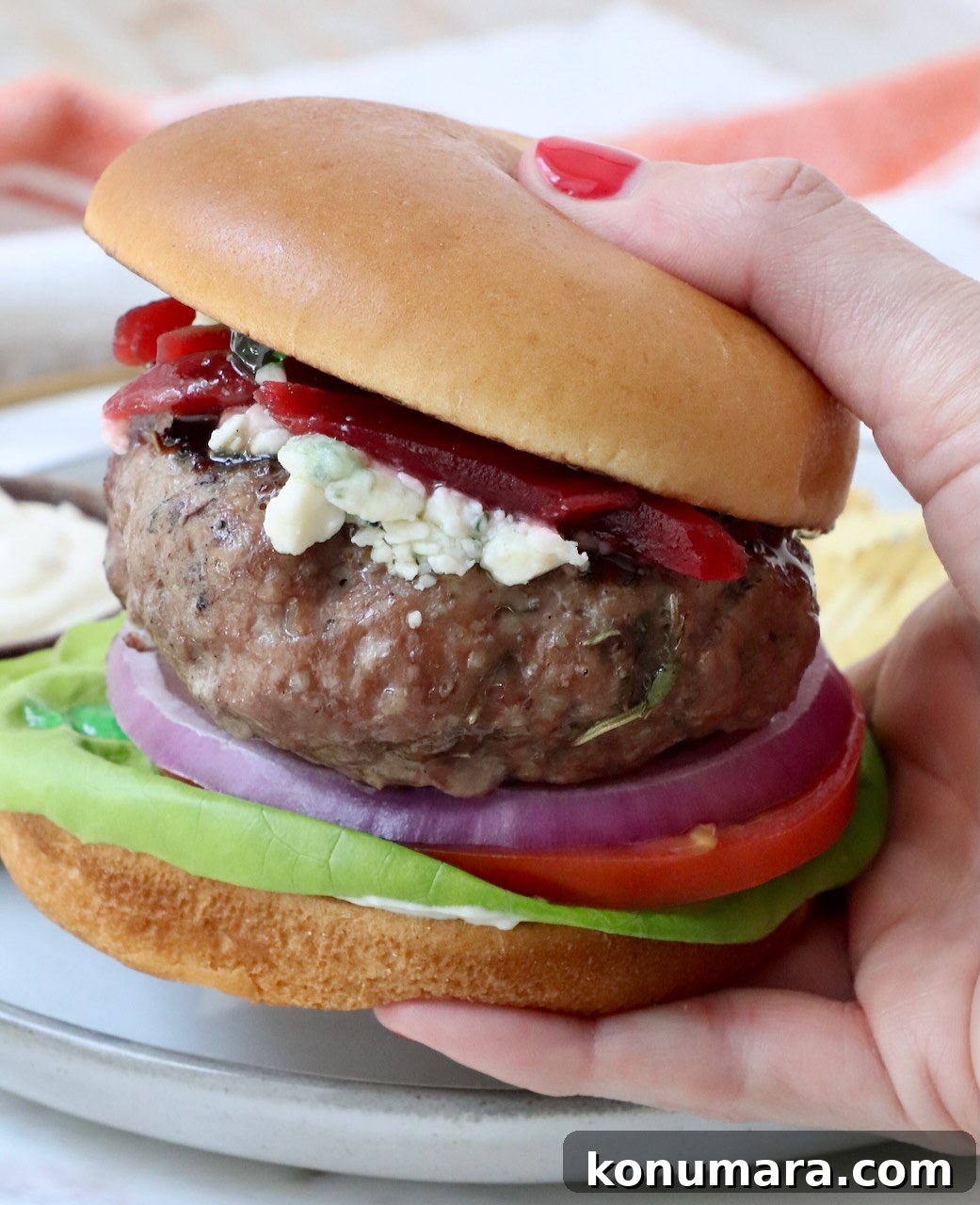Grilled Mediterranean Lamb Burger with Mint Yogurt Sauce 2 hand holding a lamb burger over a plate