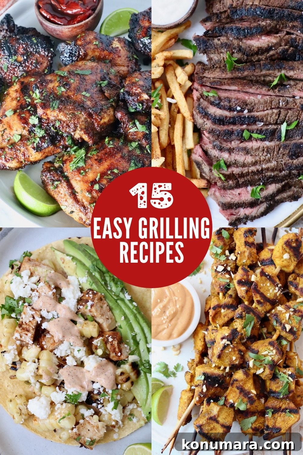 collage of images with grilled chicken, grilled sliced steak, tacos, and grilled chicken skewers