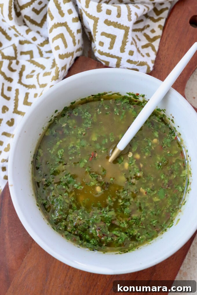 cilantro chimichurri sauce in a bowl with a spoon