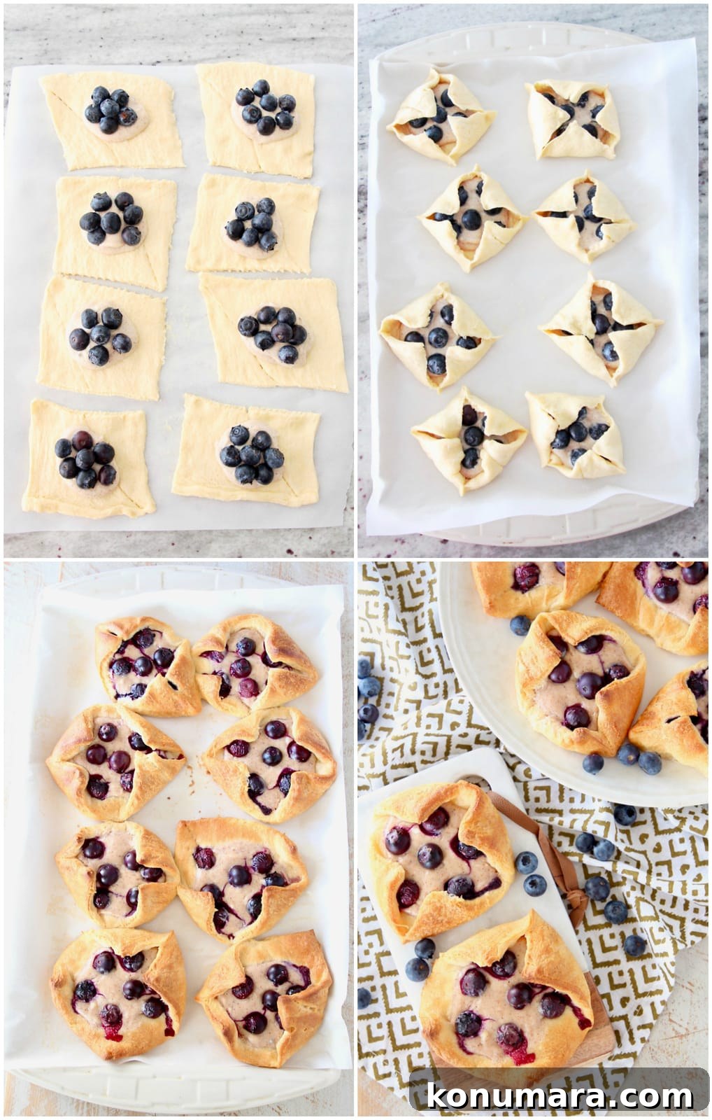 Blueberry Pastry Recipes: Flaky Treats and Baking Tips 4 Collage of 4 images showing the making of blueberry pastries