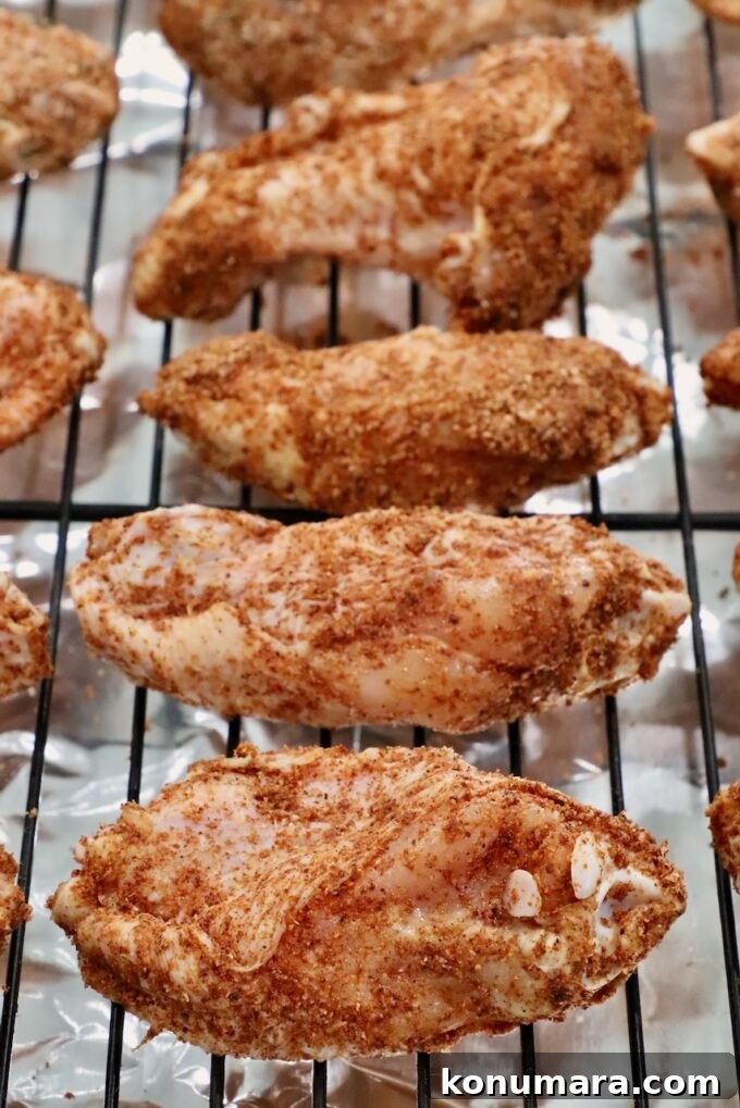 seasoned raw chicken wings on a wire rack on top of a baking sheet