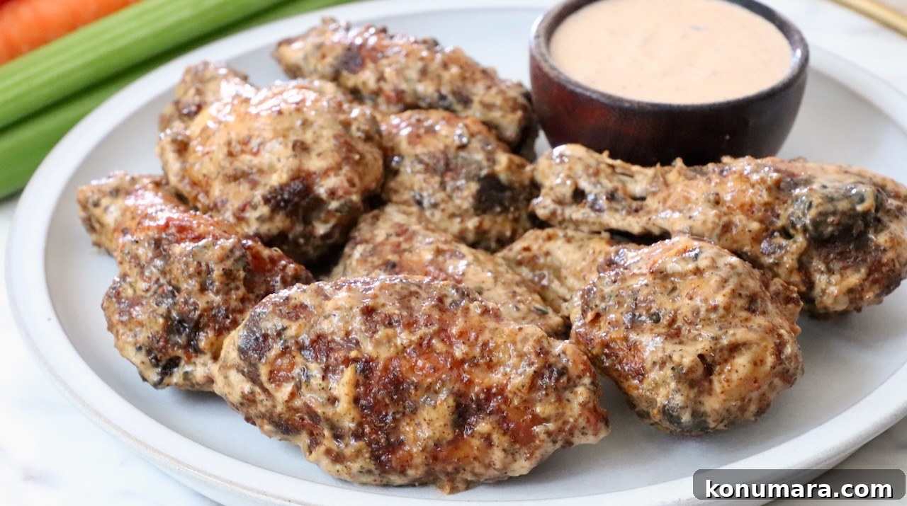 cooked chicken wings tossed in sauce on a plate with a small bowl of creamy sauce