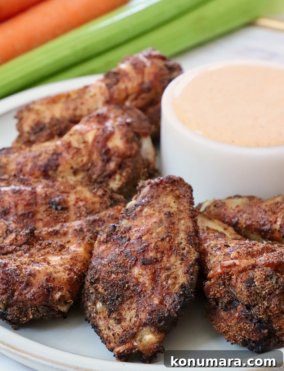 seasoned baked chicken wings on a plate with a bowl of sauce