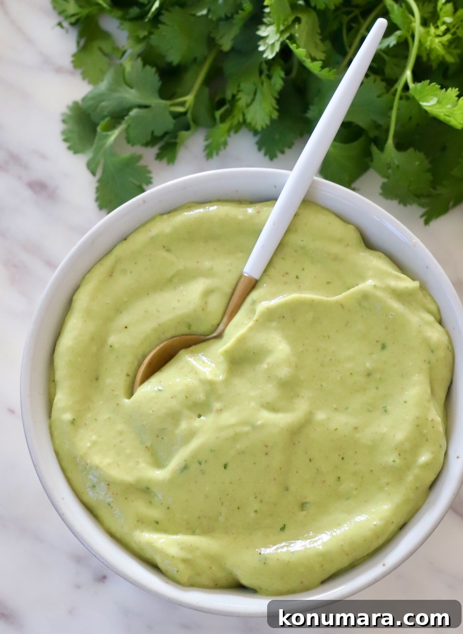avocado dressing in a bowl with a spoon with fresh cilantro on the side