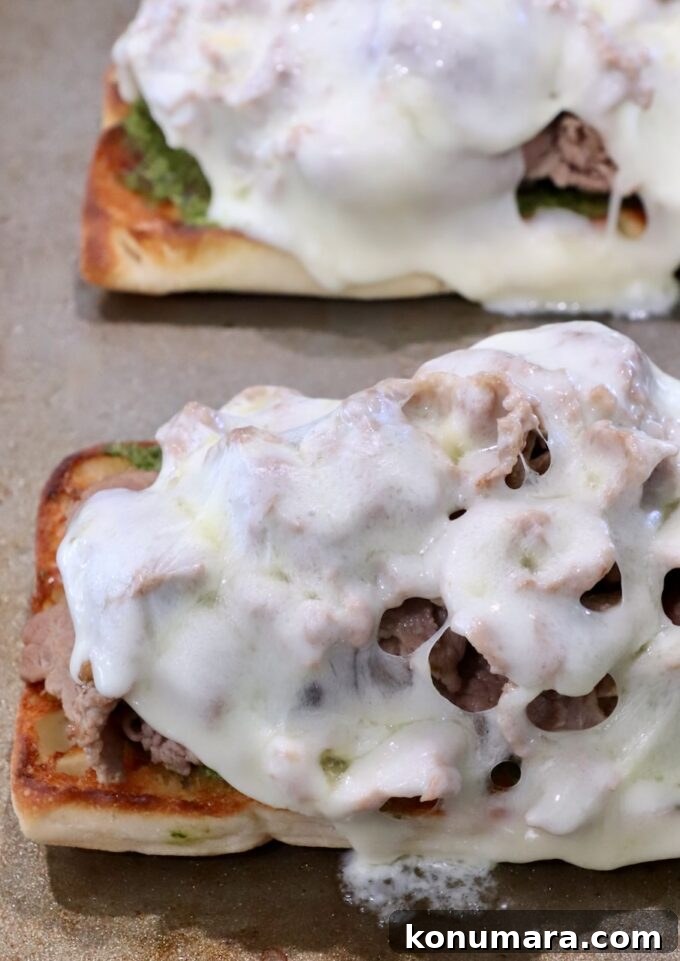 Toasted bread slices topped with roasted beef, chimichurri sauce, and melted cheese.