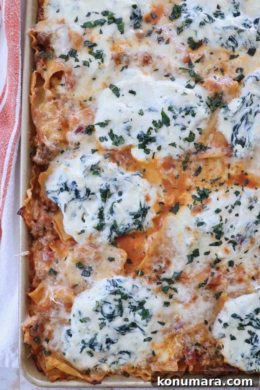 Sheet-Pan Butternut Squash Lasagna Recipe 2 Close-up of a freshly-baked lasagna in a tray, topped with melted cheese, spinach, herbs, and a golden crust