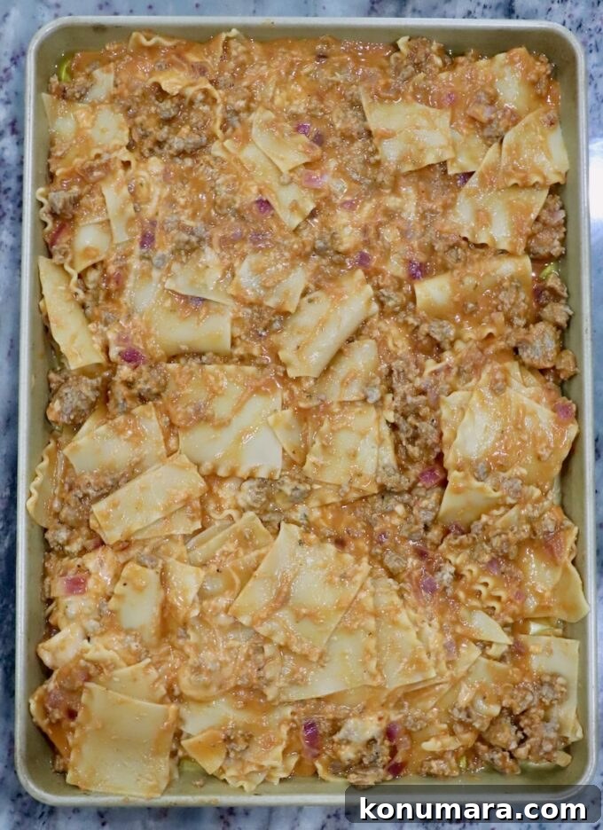 Sheet-Pan Butternut Squash Lasagna Recipe 8 uncooked lasagna on a sheet pan with wavy pasta tossed with ground meat, sauce, and cheese