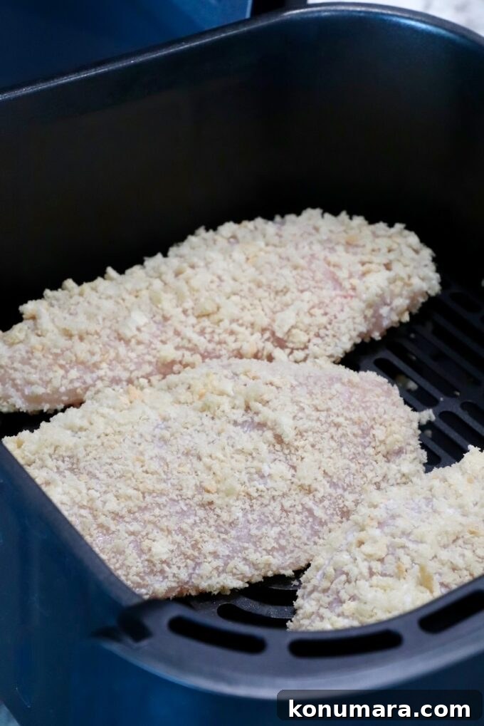 Crispy Garlic Chicken Topped with Tomato Basil Bruschetta 6 raw chicken breasts coated in breadcrumbs in an air fryer basket