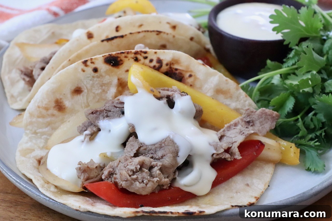 Grilled steak with yellow and red bell peppers, topped with creamy white queso in charred tortillas. Garnished with fresh cilantro on the side and a cup of queso on the side.