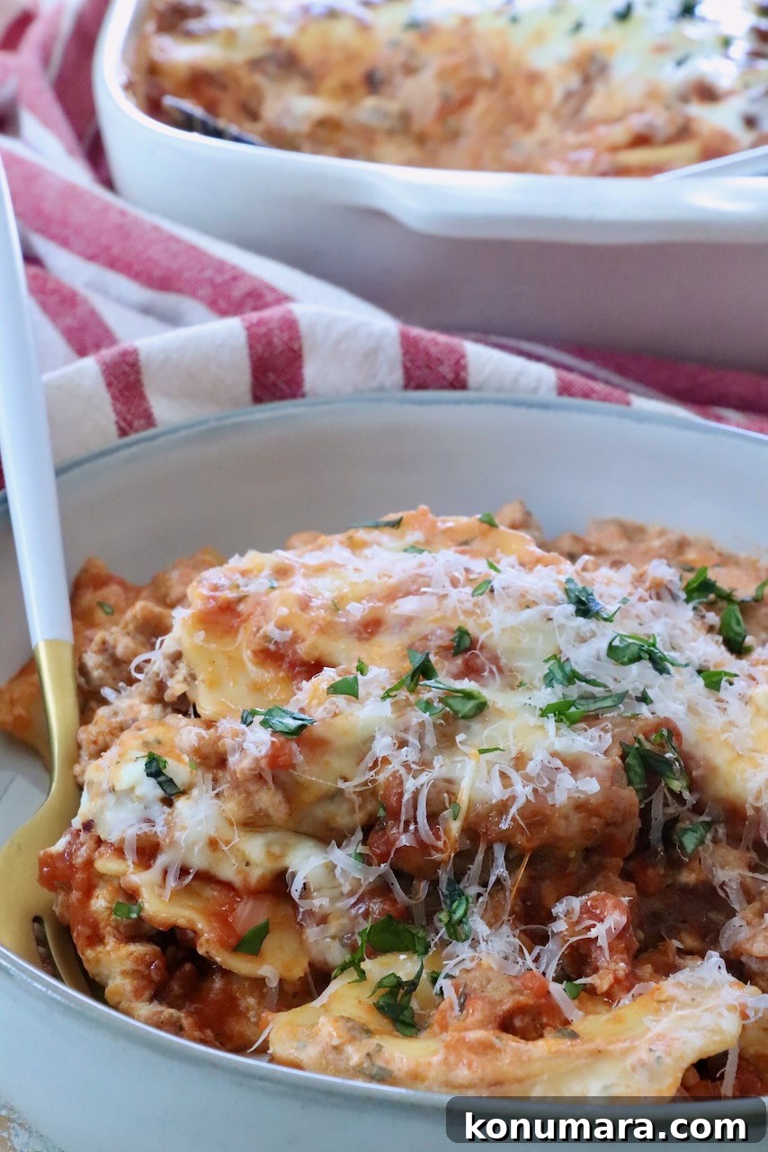 Close-up of a plate of baked ravioli with melted cheese, garnished with fresh herbs. Behind it, a red-striped cloth and a white casserole dish.