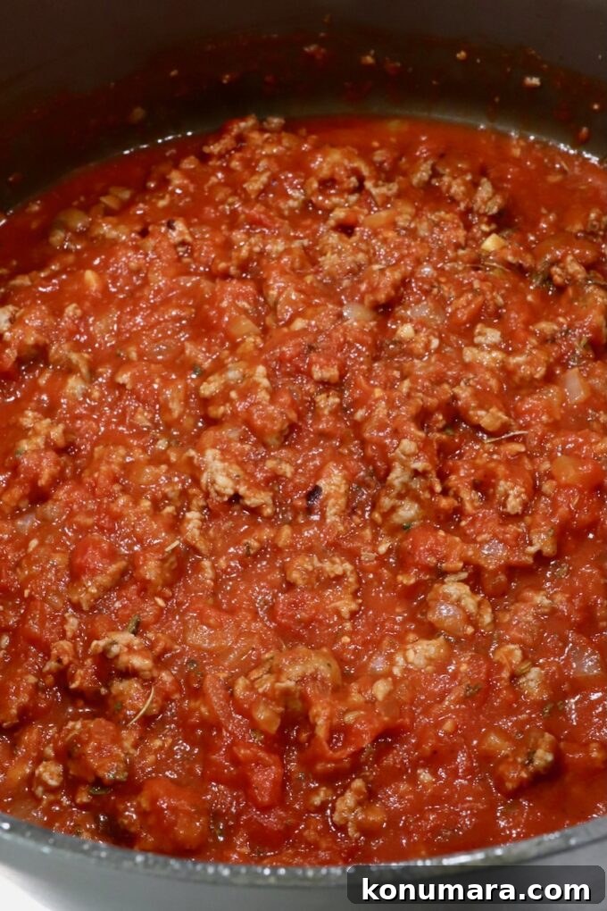 Close-up of a simmering pot of rich red tomato meat sauce, featuring ground meat and diced tomatoes