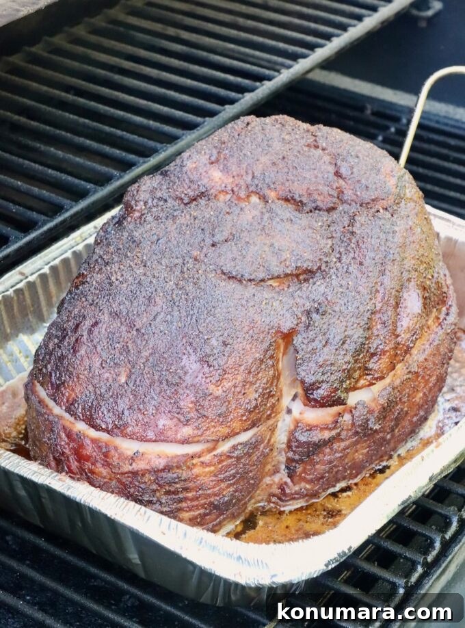 How to Smoke a Ham: Glaze, Time, and Temperature 7 A large, well-seasoned ham with a crispy, dark crust sits in a foil pan on a smoker.