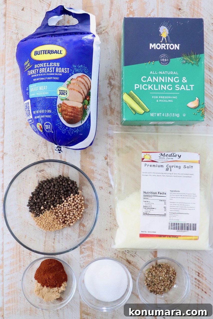 Ingredients for turkey pastrami include a package of turkey breast, canning salt, curing salt, and bowls of spices like peppercorns, mustard seeds, and paprika.