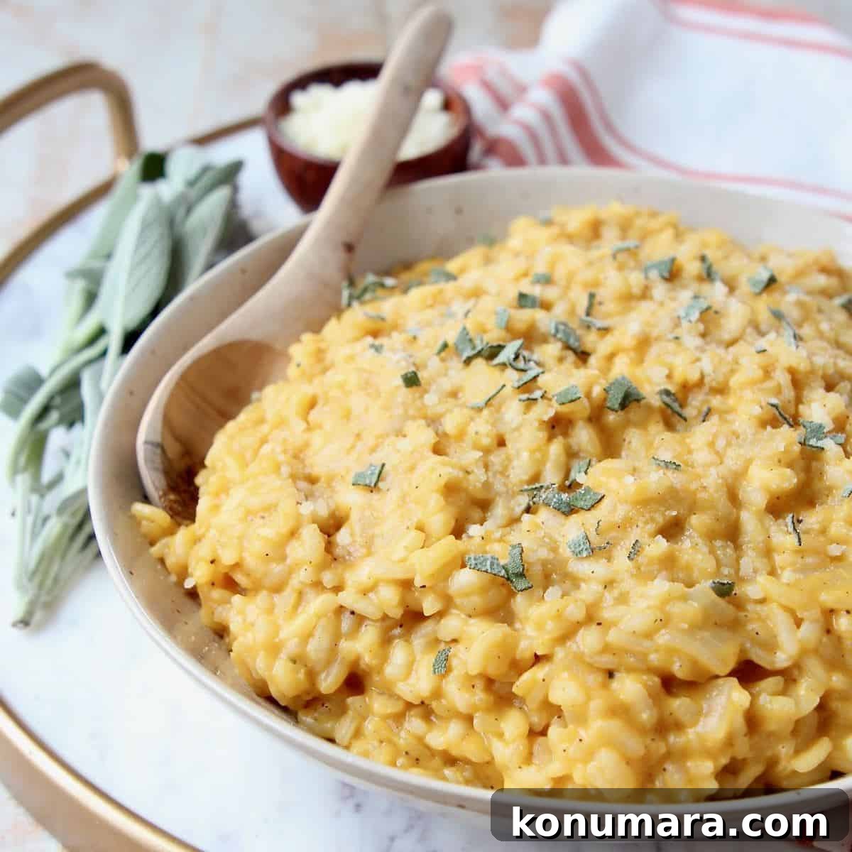 Butternut squash risotto in bowl with wooden spoon