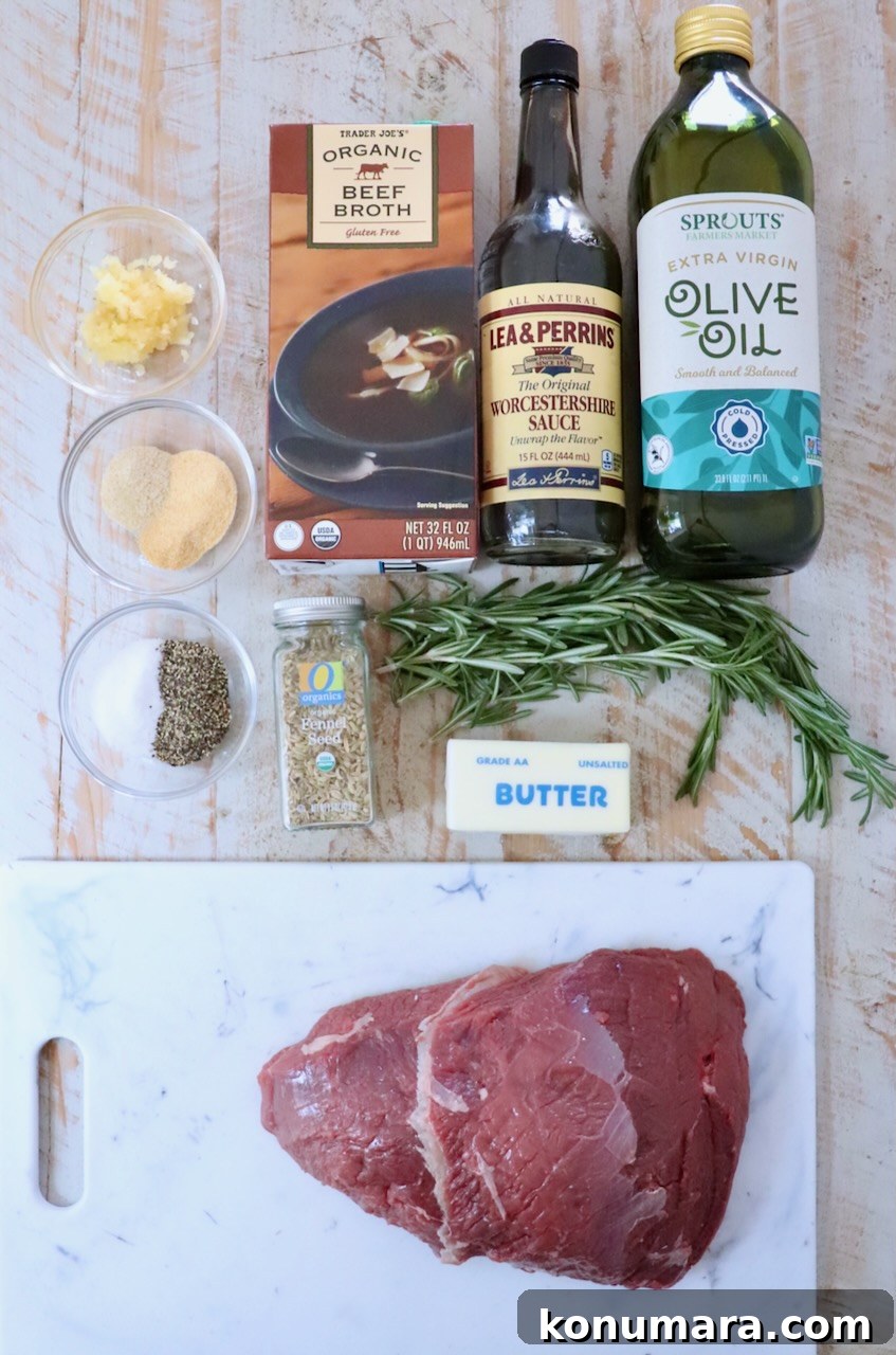 Sirloin Tip Roast Recipe for Tender, Juicy Results 3 Ingredients for cooking a roast, including raw meat on a cutting board, a rosemary sprig, beef broth, olive oil, Worcestershire sauce, spices, and butter.