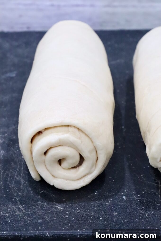 Two neatly rolled croissant dough logs rest side by side on a dark, floured surface, ready for baking.