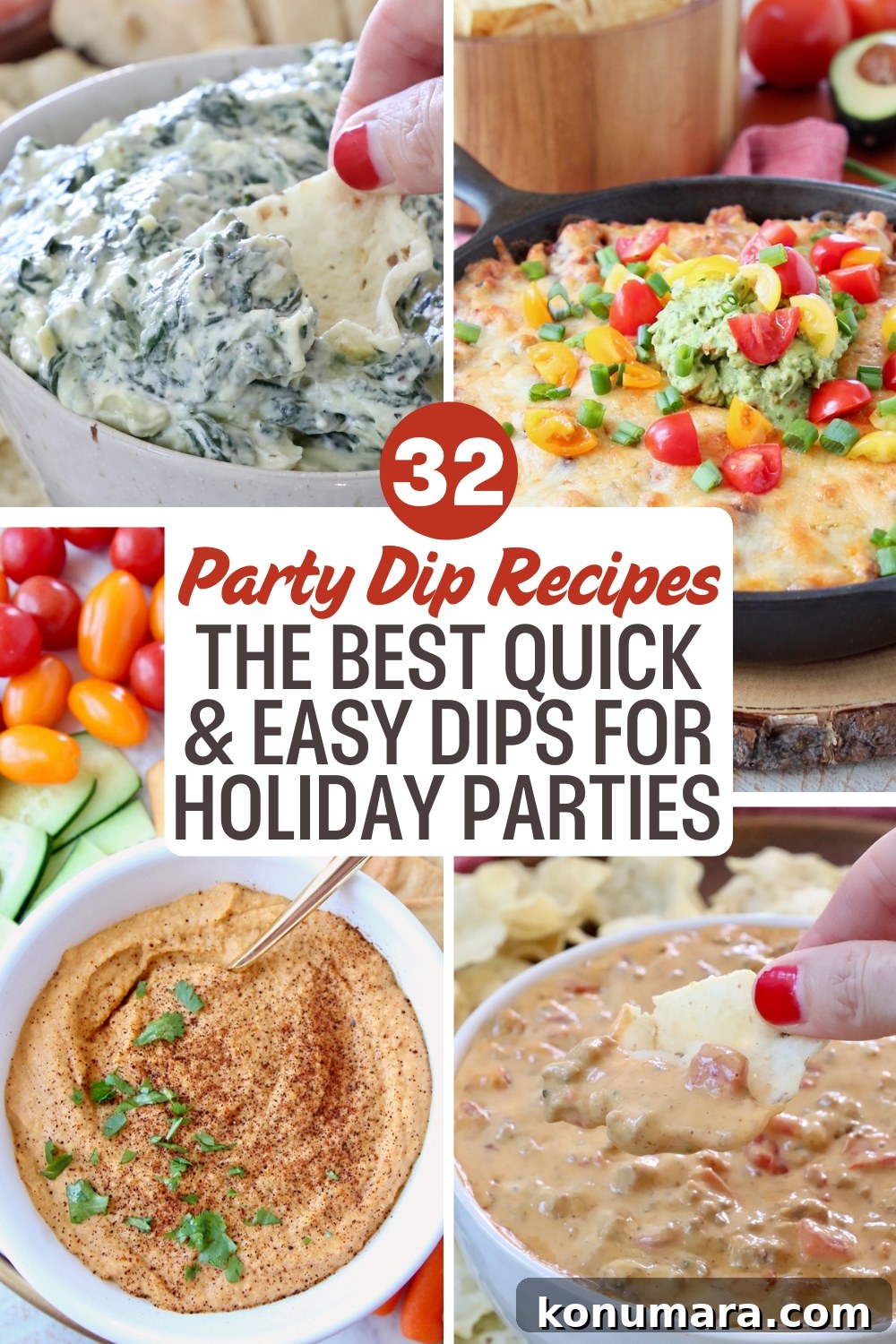 A collage of colorful party dips, including spinach, cheese, and hummus. Text overlay reads: '32 Party Dip Recipes: Quick & Easy Dips for Holiday Parties.'