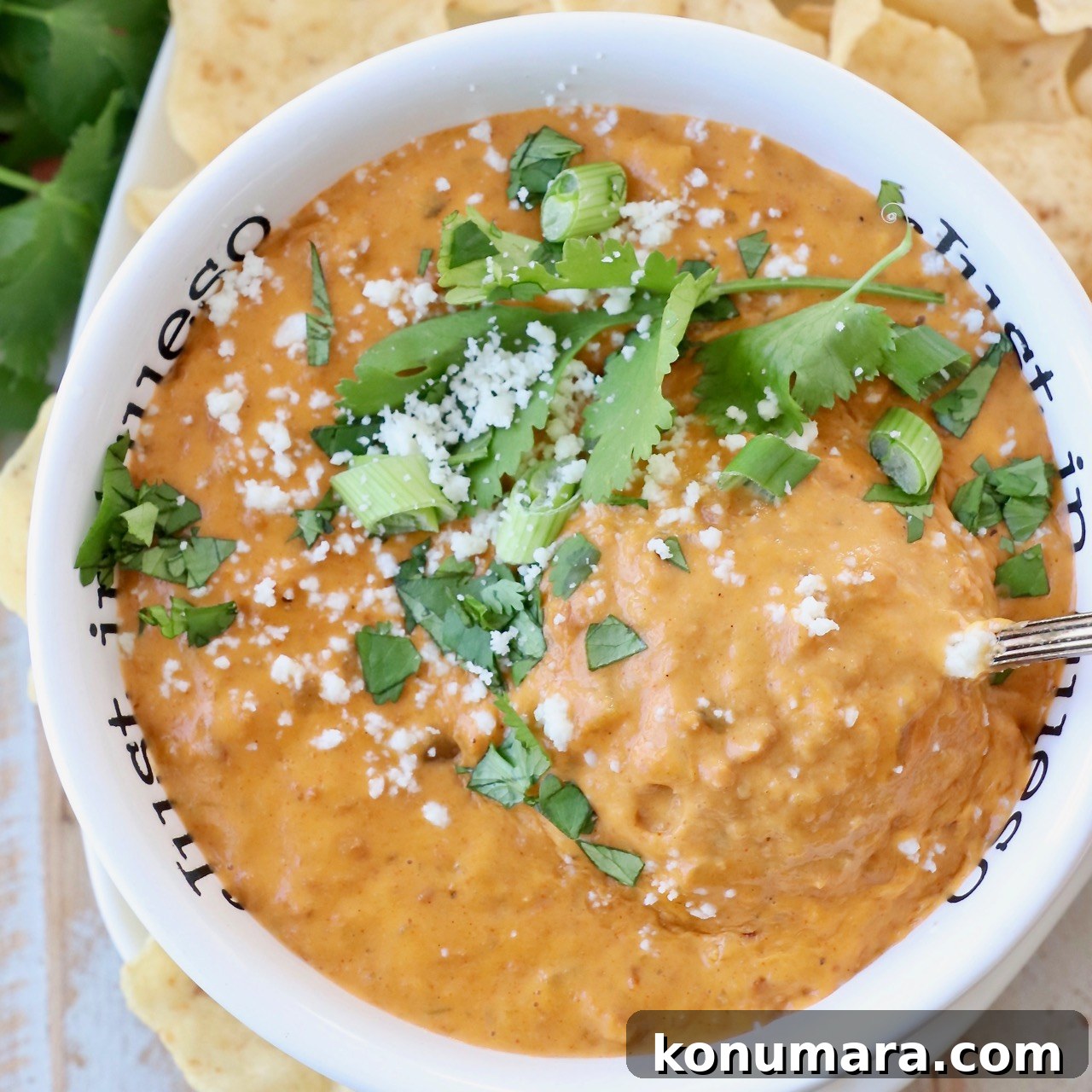 chorizo queso dip in bowl topped with fresh chopped cilantro