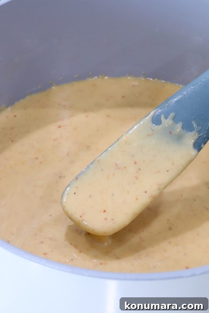 Curry Queso Dip Recipe 7 creamy queso in a pot with a grey spatula