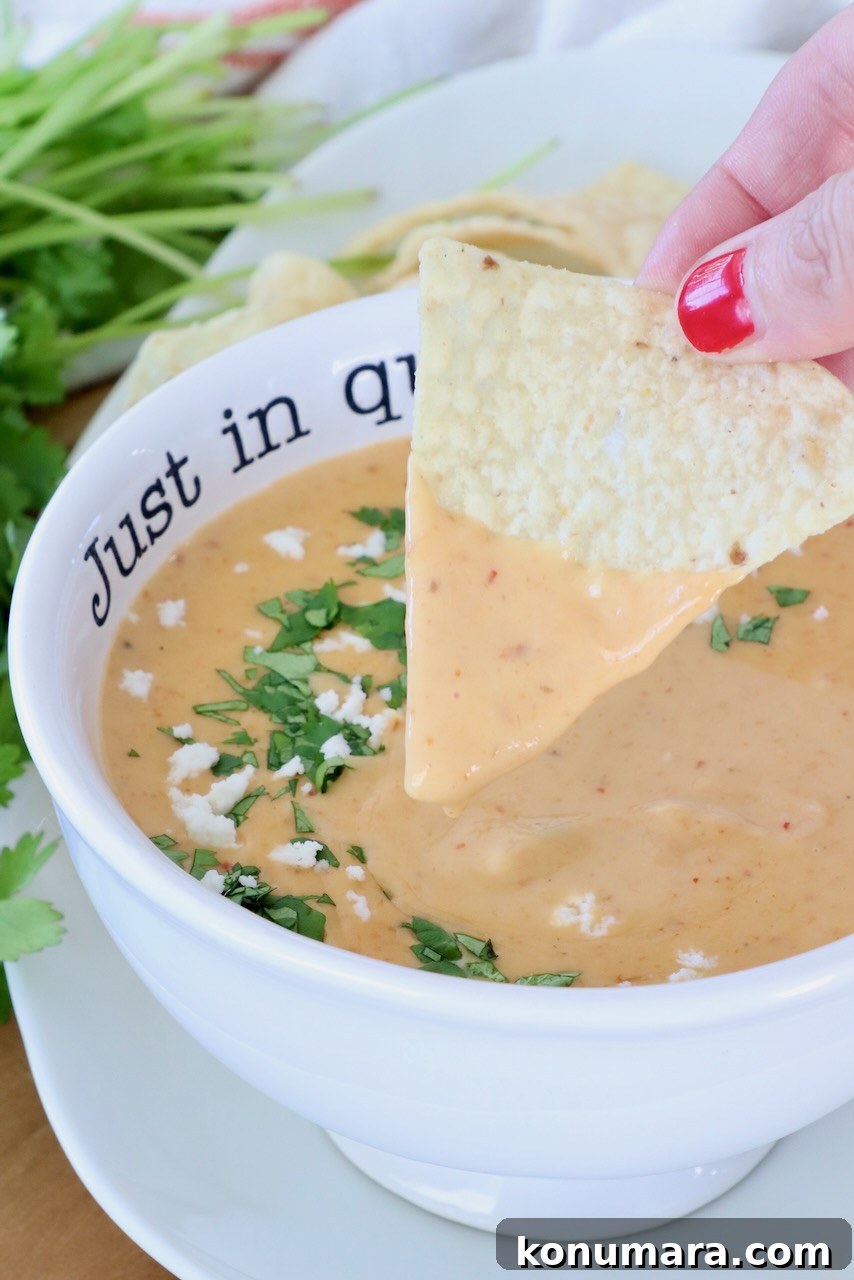 Curry Queso Dip Recipe 9 A hand dipping a tortilla chip into creamy queso garnished with cilantro